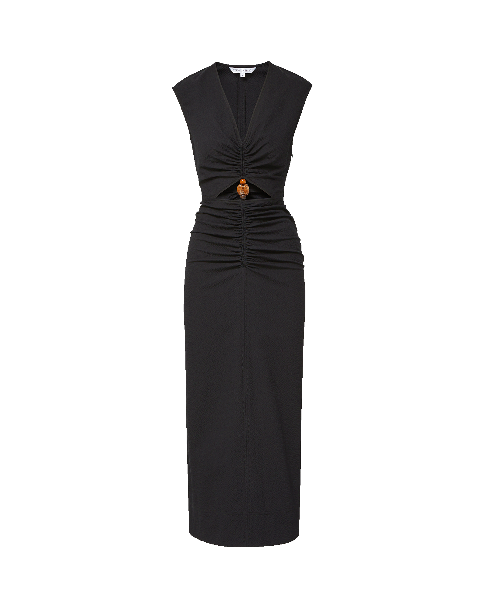 Veronica Beard Black sleeveless midi dress with side button details.