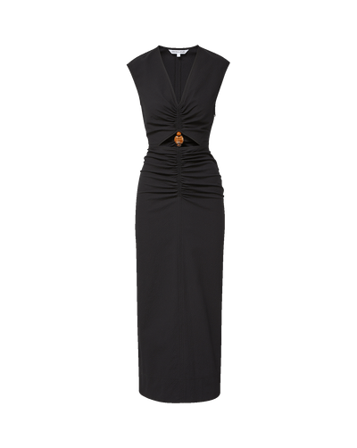 Veronica Beard Black sleeveless midi dress with side button details.