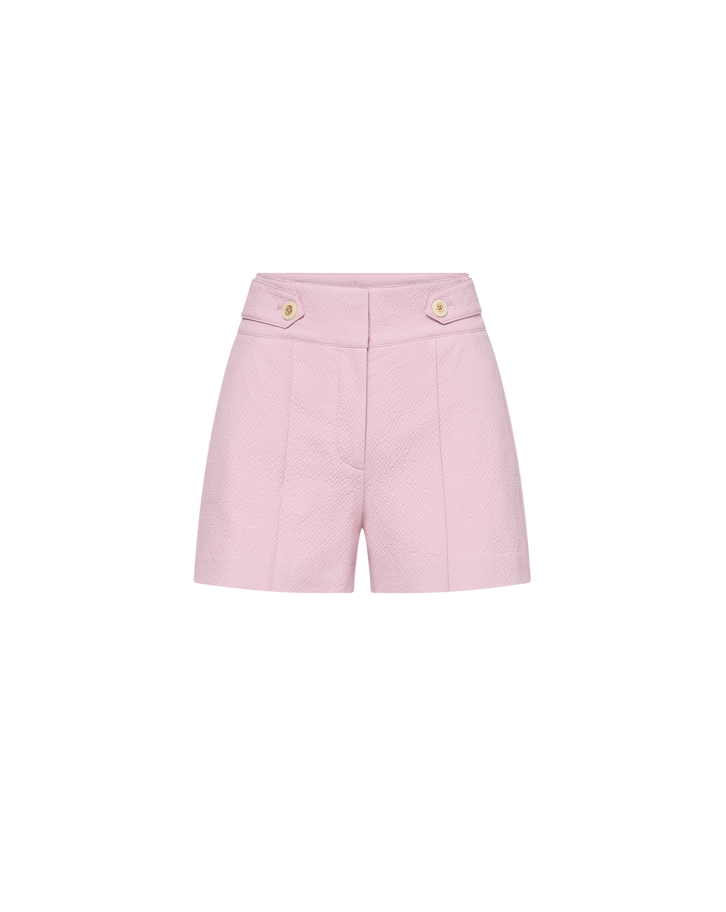 Veronica Beard Pink high-waisted shorts with gold button details.