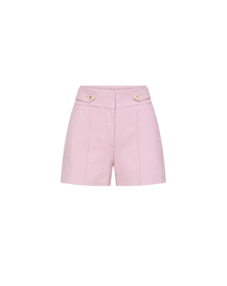 Veronica Beard Pink high-waisted shorts with gold button details.