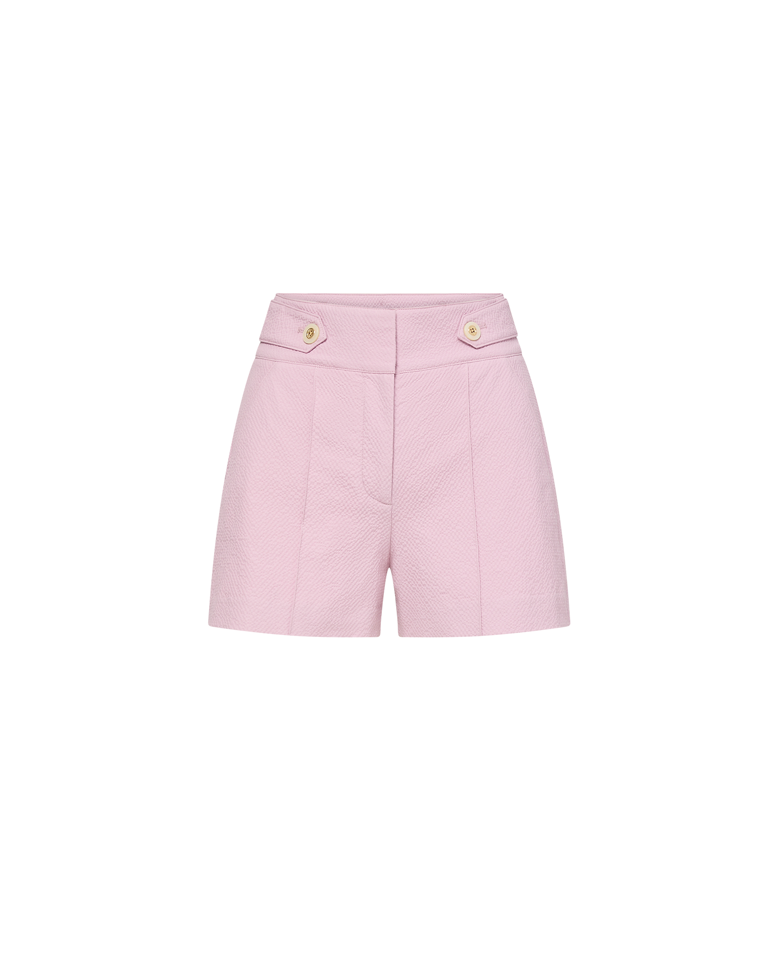 Veronica Beard Pink high-waisted shorts with gold button details.