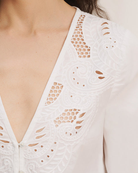 Veronica Beard White cotton blouse with embroidered cutwork and V-neck.