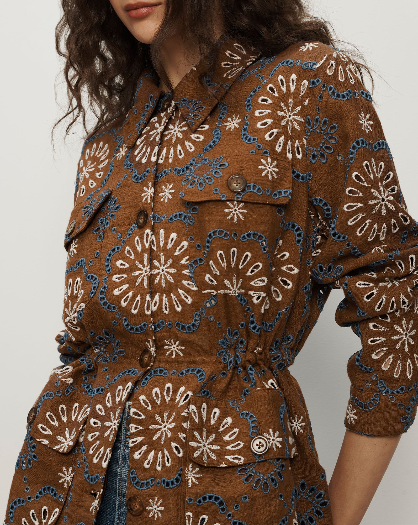 Kiki Linen Eyelet Jacket in Deep Ochre Multi | Veronica Beard