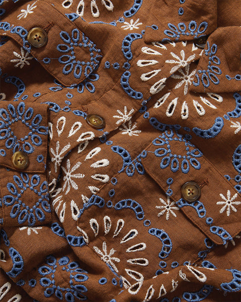 Veronica Beard Brown eyelet embroidered shirt with blue and white