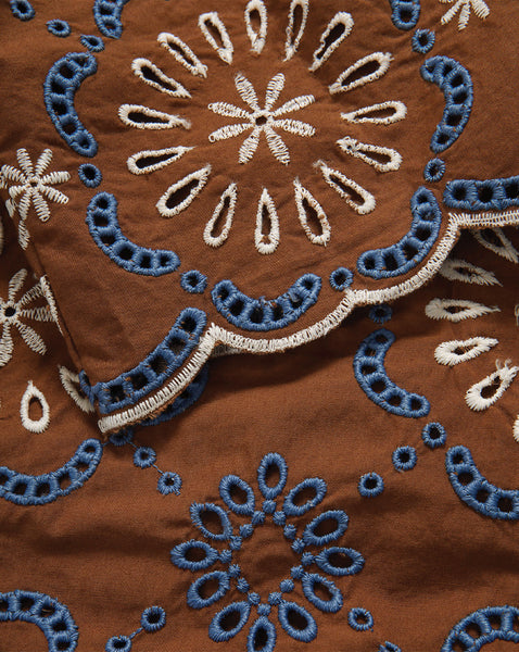 Veronica Beard Brown cotton eyelet top with blue and white