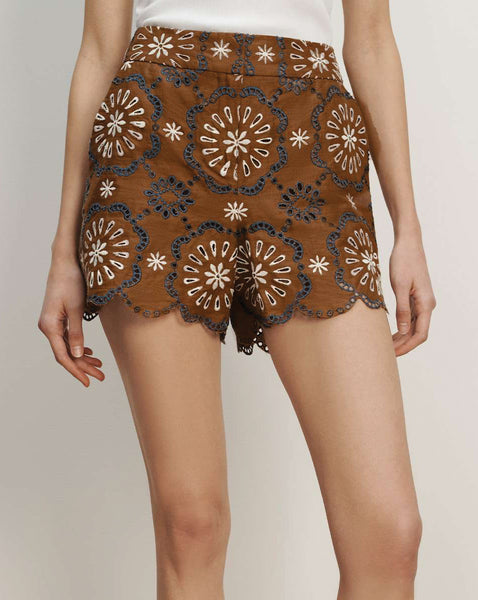 Veronica Beard Brown embroidered eyelet scalloped shorts.