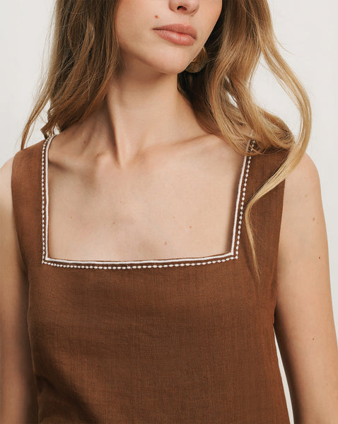 Veronica Beard Brown linen square-neck top with white embroidered trim.