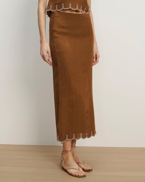 Veronica Beard Brown corduroy midi skirt with white scalloped trim.