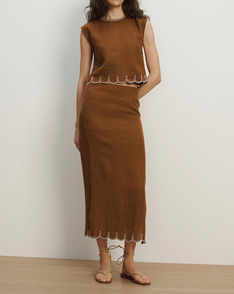 Veronica Beard Brown linen scalloped crop top and midi skirt