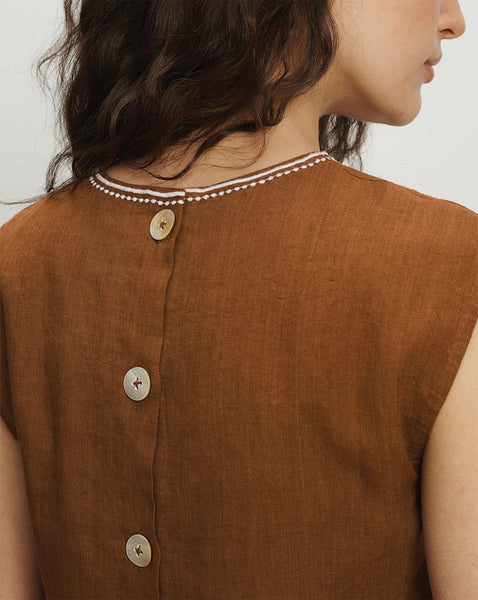 Veronica Beard Brown linen top with white embroidered trim and
