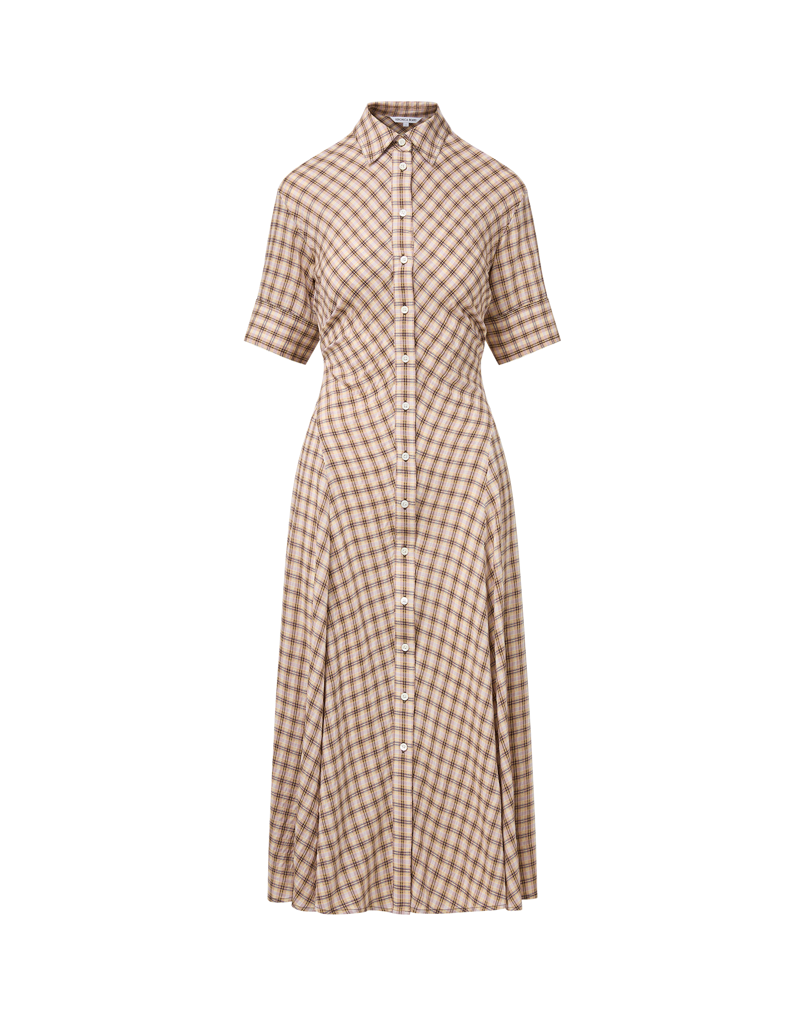 Veronica Beard Plaid midi shirt dress with short sleeves.