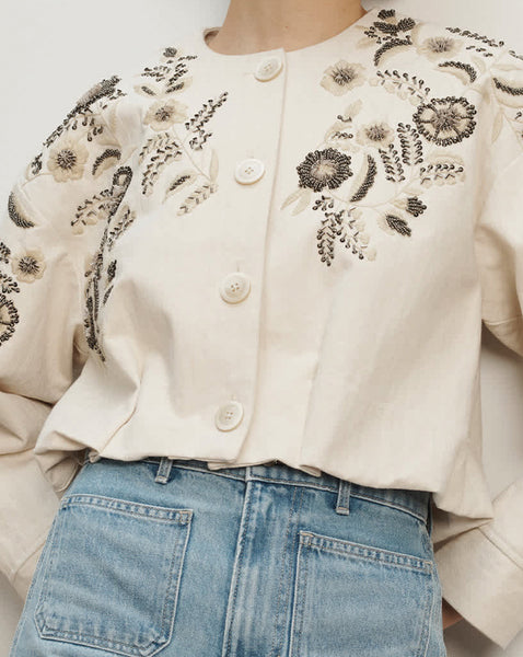 Veronica Beard Ecru embroidered cropped jacket with puff sleeves.