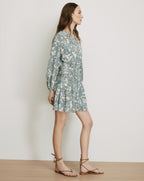 Veronica Beard White and blue paisley mini dress with long sleeves.