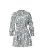 Veronica Beard White and blue paisley print mini dress with long sleeves.