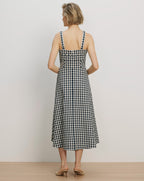 Veronica Beard Black and white gingham midi dress with wide straps.