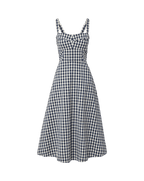 Veronica Beard Navy and white gingham midi dress with sweetheart neckline.
