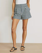 Veronica Beard Navy and white gingham pleated shorts with pockets.