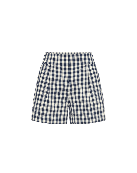 Veronica Beard Navy and white gingham shorts with pockets.