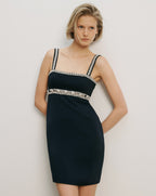 Veronica Beard Black mini dress with silver chain trim.