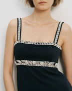 Veronica Beard Black mini dress with braided silver trim.