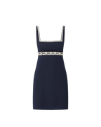 Veronica Beard Navy mini dress with square neckline and braided trim.