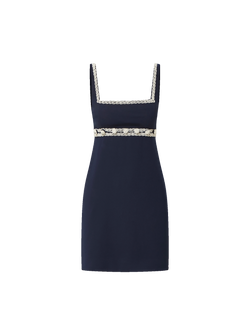 Veronica Beard Navy mini dress with square neckline and braided trim.