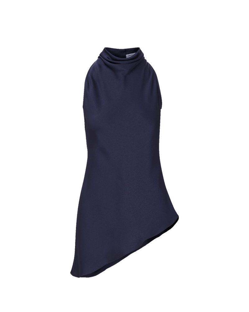 Veronica Beard Navy sleeveless cowl neck top with asymmetrical hem.