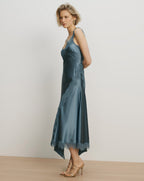 Veronica Beard Teal satin slip dress with lace trim.