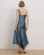 Veronica Beard Teal satin slip dress with lace trim.