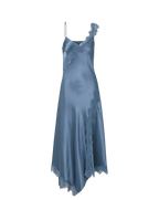 Veronica Beard Blue satin slip dress with lace trim.