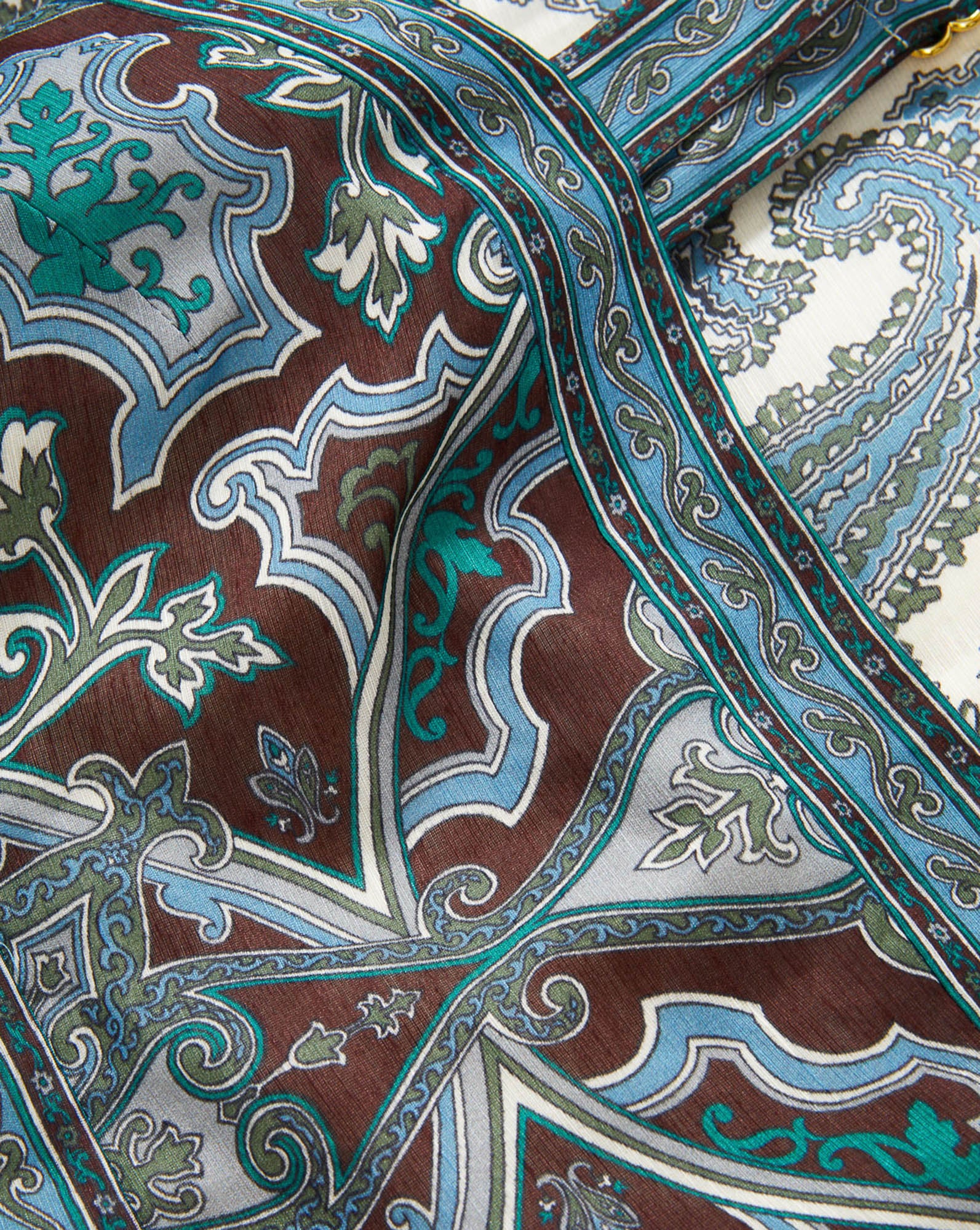 Veronica Beard Brown, blue, and green paisley print silk scarf.