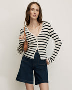 Veronica Beard White and black striped ribbed knit cardigan sweater