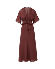 Veronica Beard Brown satin peplum dress with pintucks and tassel