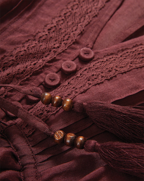 Veronica Beard Maroon cotton blouse with lace trim, buttons, and