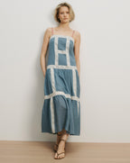 Veronica Beard Blue linen maxi dress with white lace trim.
