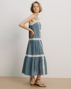 Veronica Beard Blue linen tiered midi dress with lace trim.