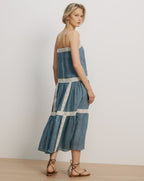 Veronica Beard Blue linen tiered midi dress with lace trim.