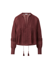 Veronica Beard Brown linen peasant top with pintucks and tassels.