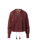 Veronica Beard Brown linen peasant top with pintucks and tassels.