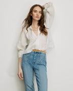 Veronica Beard White linen peasant top with pintucks and lace trim.