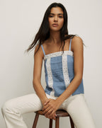 Veronica Beard Blue linen camisole with white lace trim.