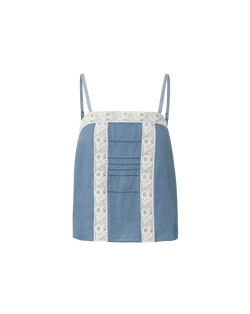 Veronica Beard Blue linen camisole with white lace trim