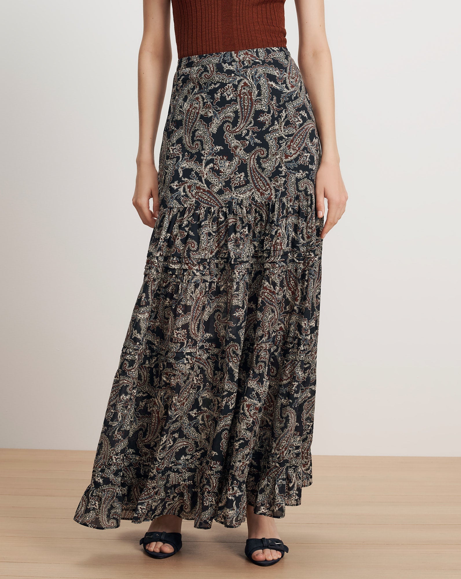 Veronica Beard Black paisley tiered maxi skirt