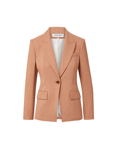 Veronica Beard Tan single-breasted blazer with notched lapels and flap pockets.