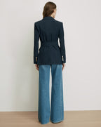 Veronica Beard Navy belted blazer with gold buttons.