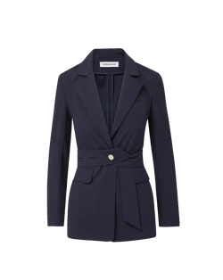 Veronica Beard Navy jacket with belted waist and single button.
