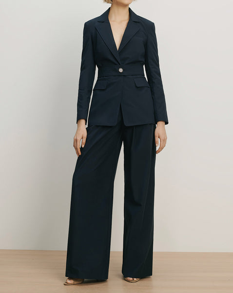Veronica Beard Navy blue blazer and wide-leg trousers.