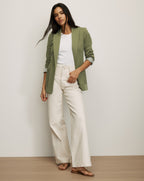 Veronica Beard Olive green linen blazer with striped cuffs.