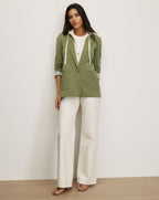 Veronica Beard Olive green hooded blazer jacket with striped cuffs.