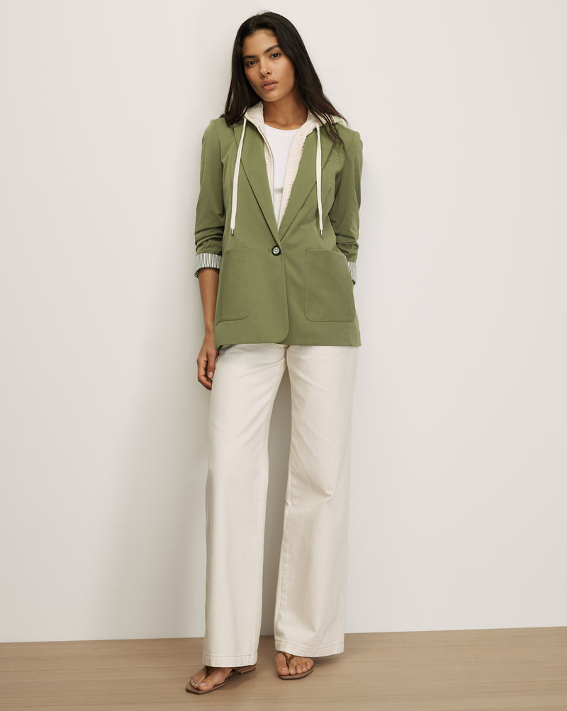 Veronica Beard Olive green hooded blazer jacket with striped cuffs.